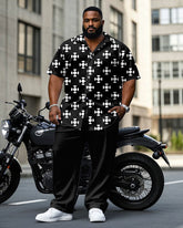 Men's Plus Size Business Black Geometric Arrangement Printing Daily Casual Short Sleeve Shirt Trousers Suit